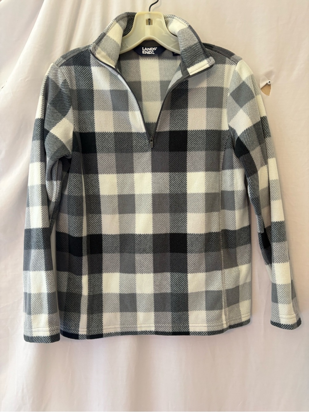 Lands' End Women's Gray & White Plaid Quarter-Zip Fleece